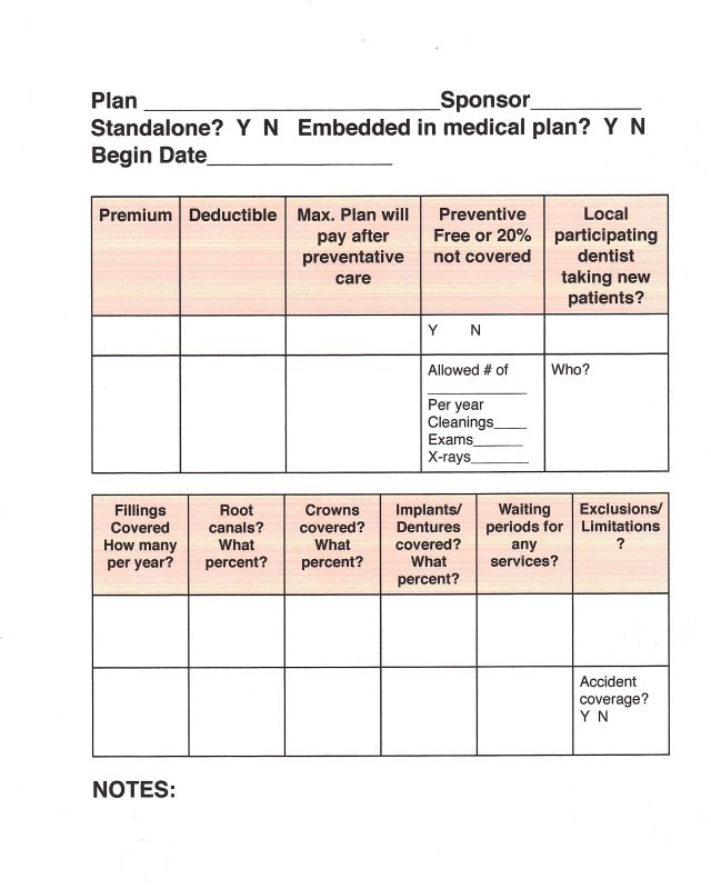 dental plan compare worksheet